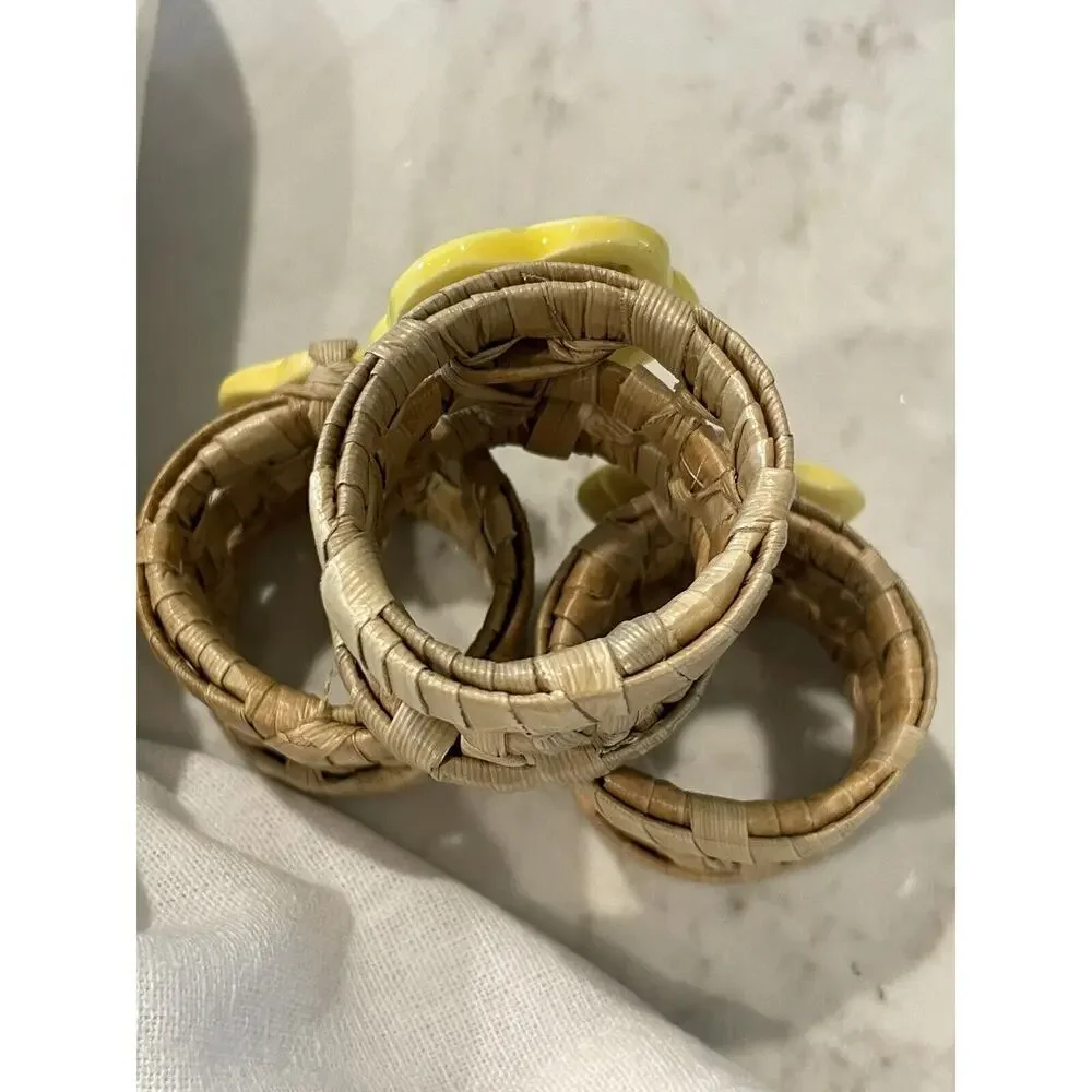 Floral Hand Hibiscus Beach‎ Ceramic Rattan Napkin Rings 6 Party Table Setting
